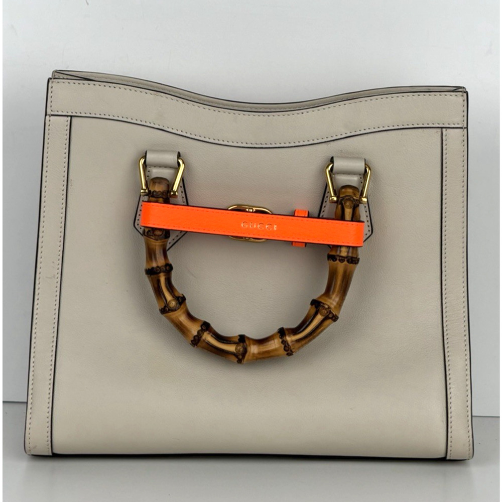 Gucci Diana Small Tote Bag in Beige with Orange Fluo Leather Bamboo Handles B5 - Picture 2 of 16
